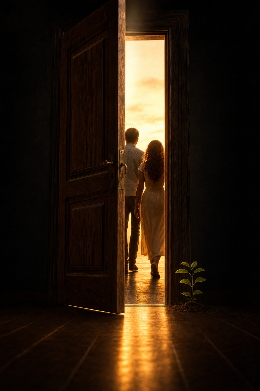 A man and woman walking through an open door into warm golden light